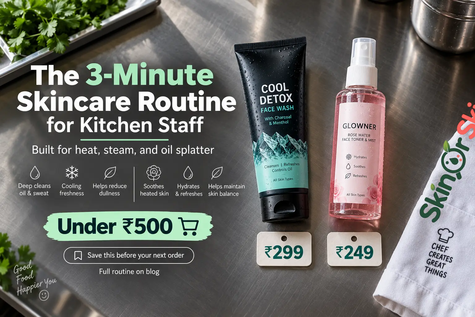 Skincare routine for chefs India, cooling and oil control kit for kitchen staff