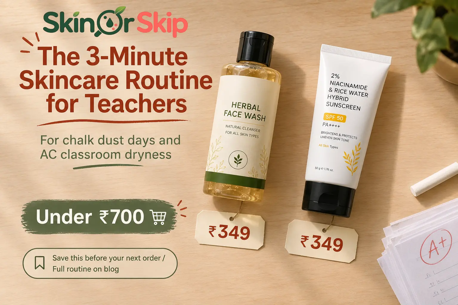 Skincare routine for teachers India, chalk dust and classroom-friendly kit