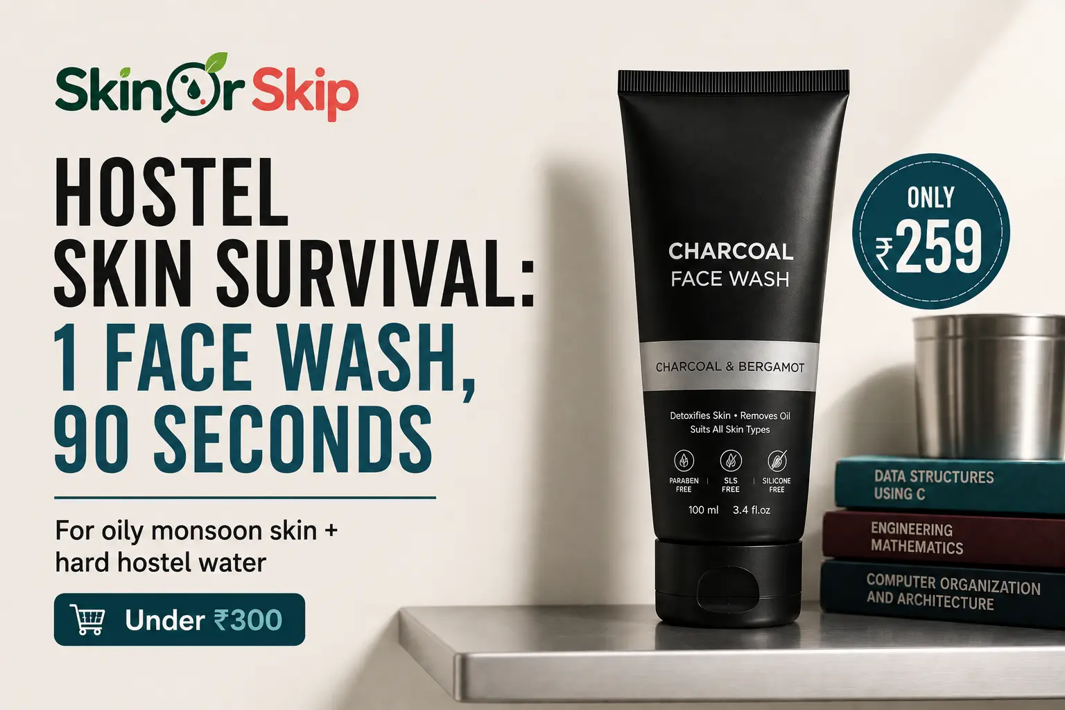 Budget charcoal face wash for hostel guys in India on a windowsill shelf