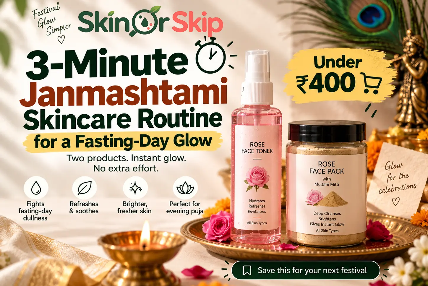 Skincare routine for Janmashtami, fasting-day glow kit with rose toner and multani mitti