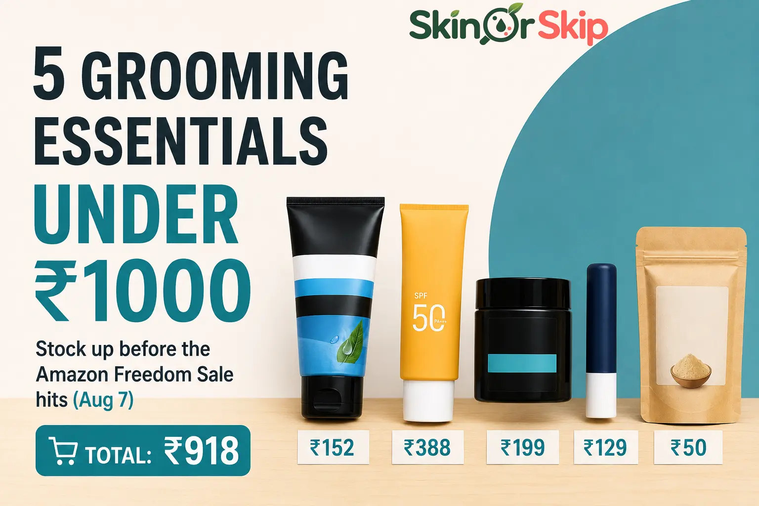 Men's grooming essentials under 1000 rupees flat lay for Amazon Freedom Sale